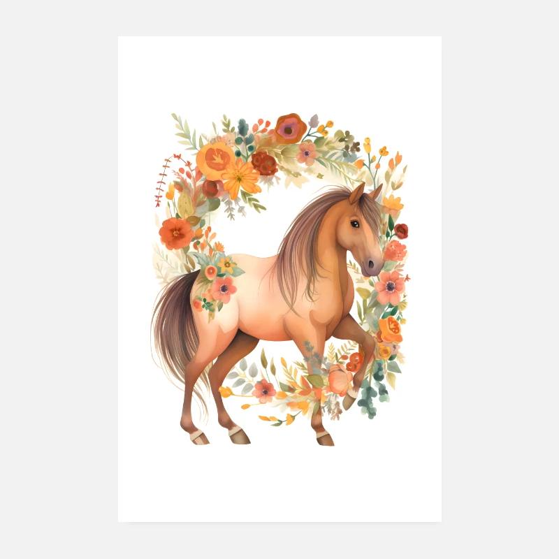 Cheval marron avec des fleurs Poster 20 x 30 cm