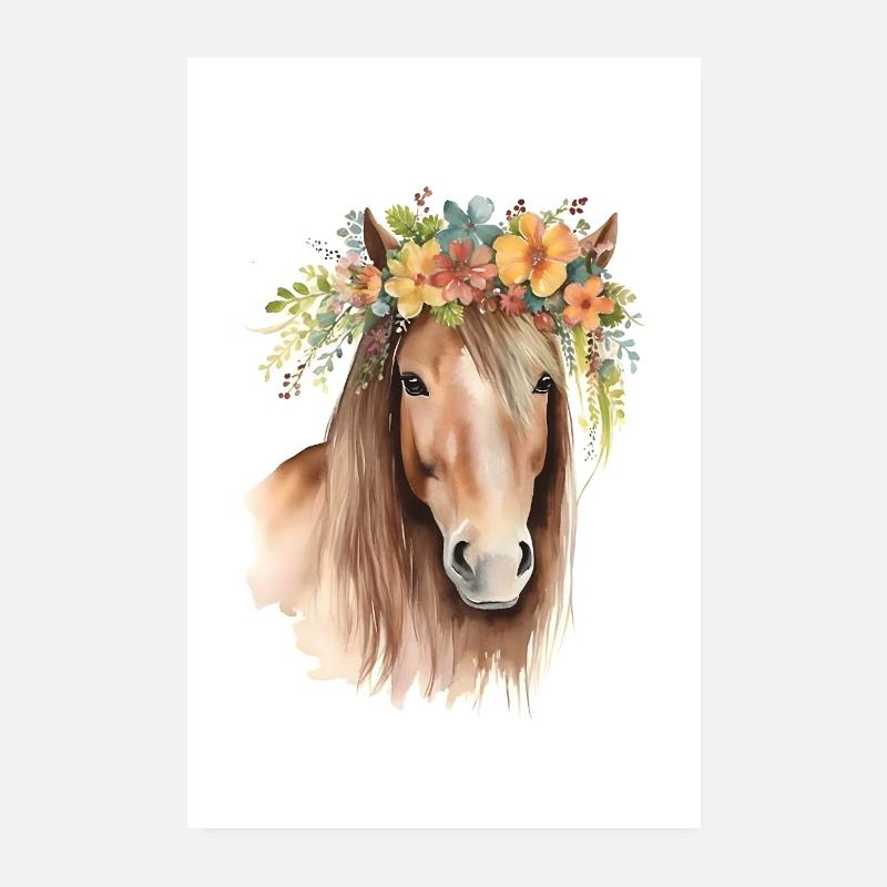 Cheval marron avec des fleurs Poster 20 x 30 cm