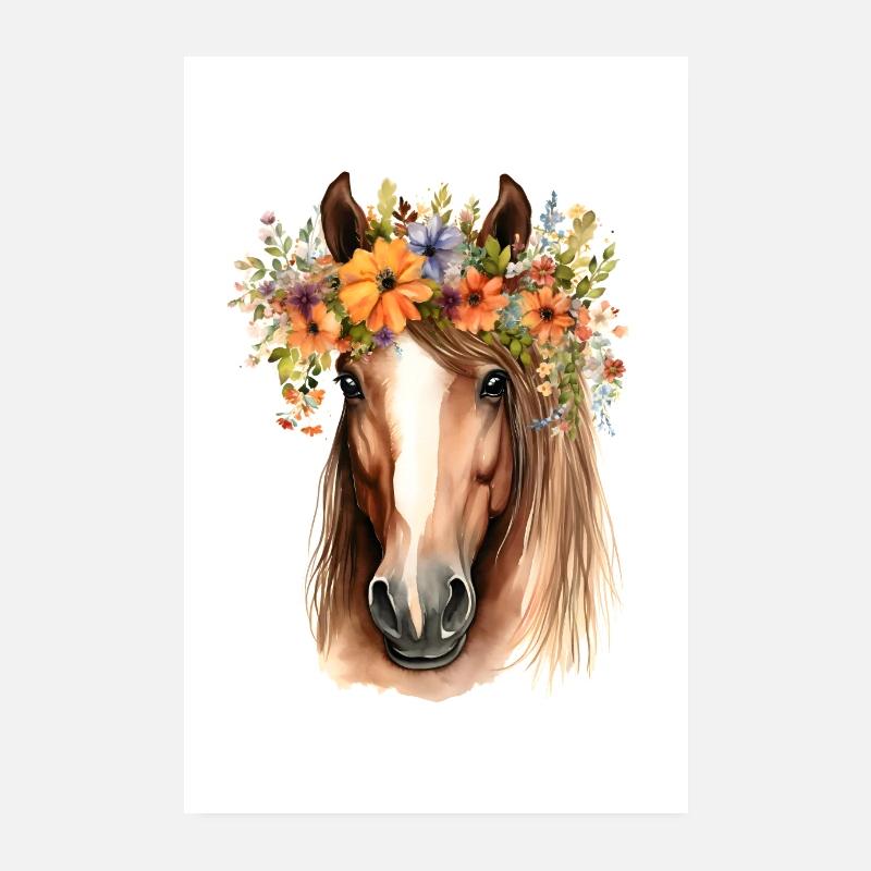 Braunes Pferd mit Blumen Poster 20x30 cm