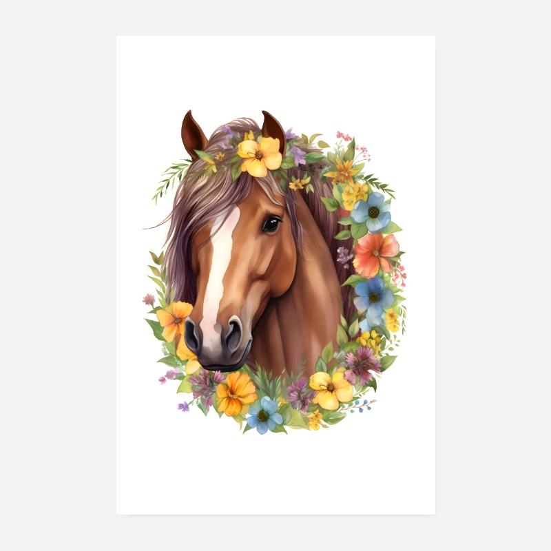 Braunes Pferd mit Blumen Poster 20x30 cm