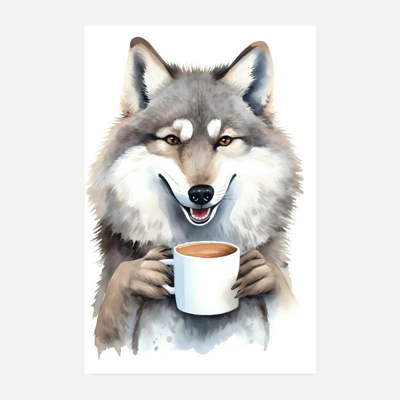 Wolf mit Kaffee Poster 20x30 cm