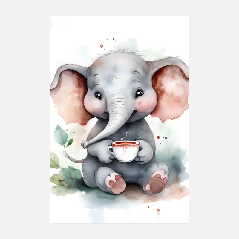 Eléphant avec café Poster 20 x 30 cm