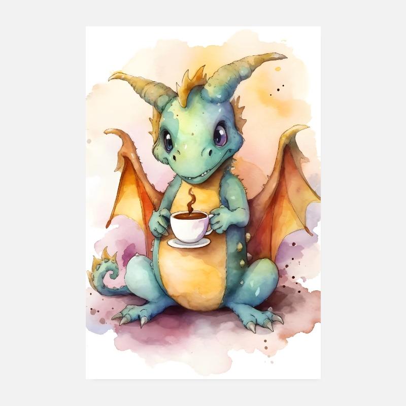 Dragon mignon avec du café Poster 20 x 30 cm