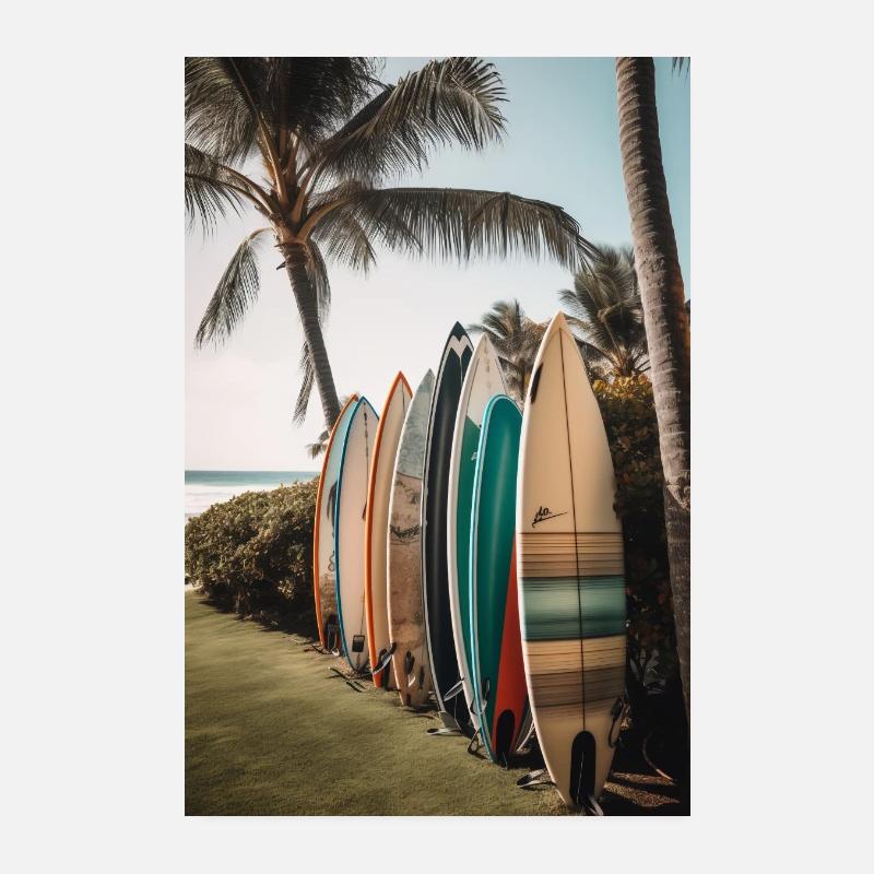 Planches de surf sur la plage de palmiers Poster 20 x 30 cm