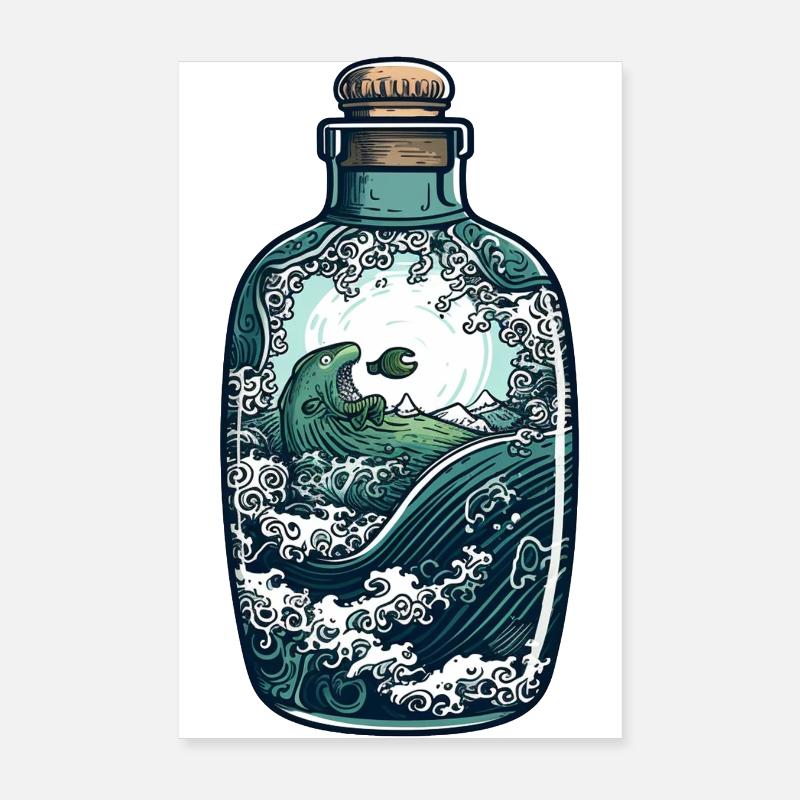 Ocean Bottle Drawing Poster 8" x 12" (20x30 cm)