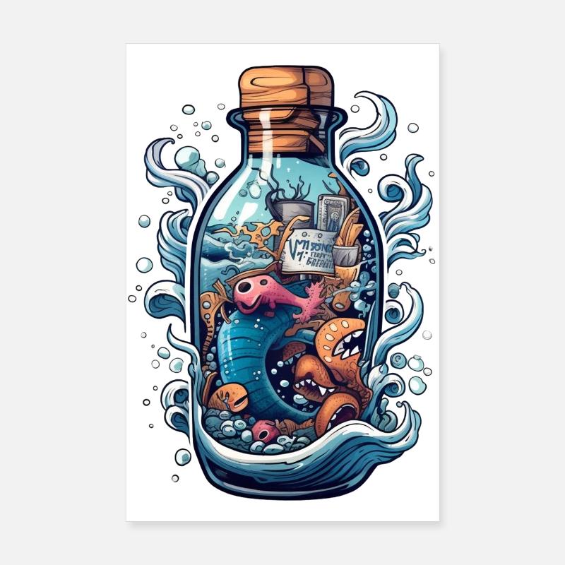 Ocean Bottle Drawing Poster 8" x 12" (20x30 cm)