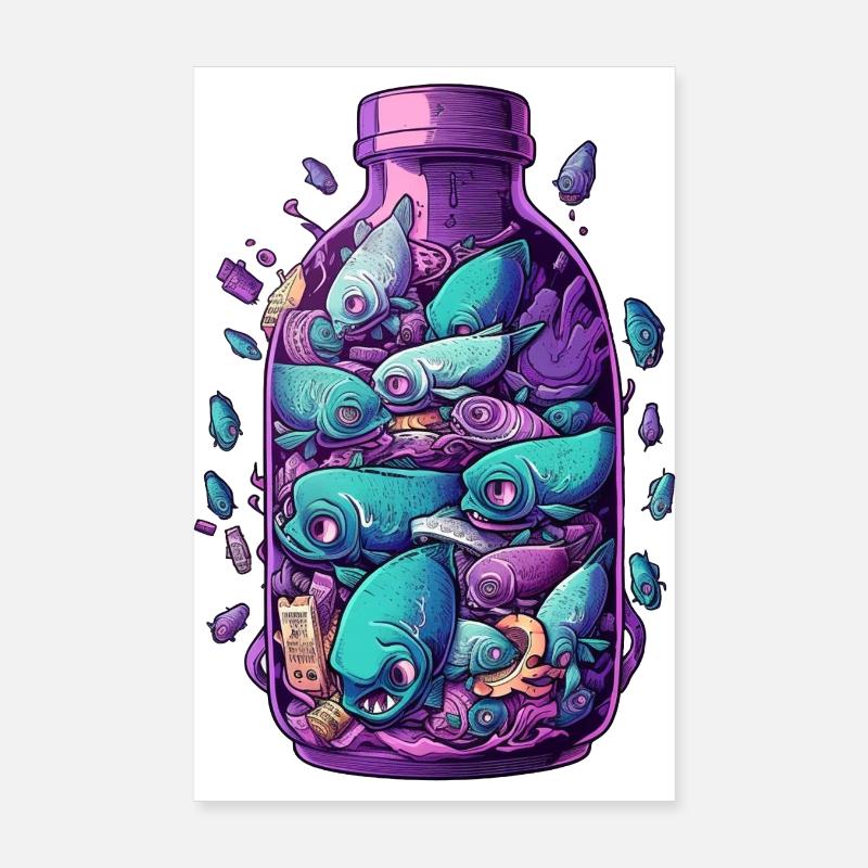 Fische Flasche Zeichnung Poster 20x30 cm