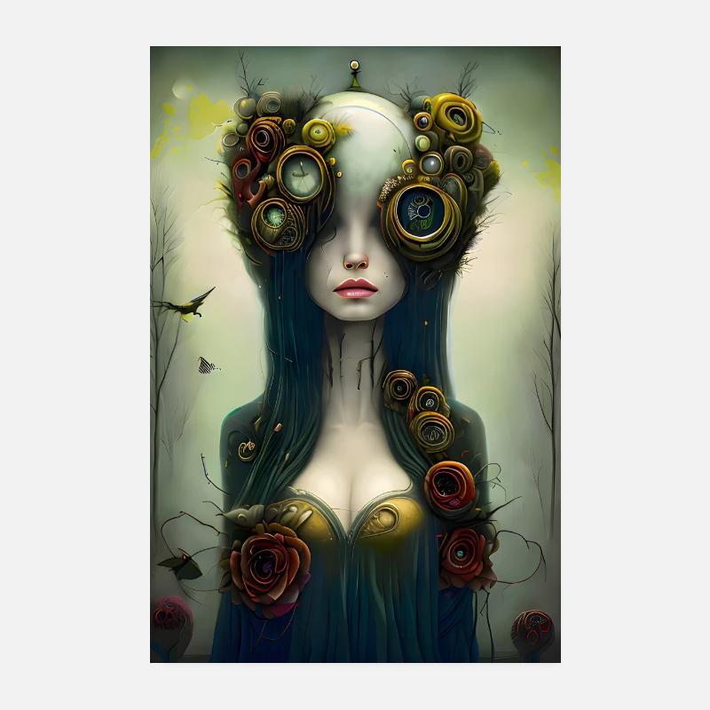 Steampunk, Surreal, Mädchen mit Blumen Poster 20x30 cm