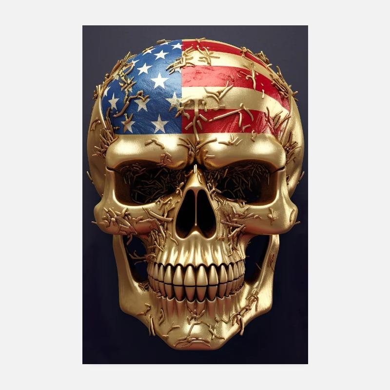 CRÂNE D’OR AVEC DRAPEAU DES ÉTATS-UNIS Poster 20 x 30 cm