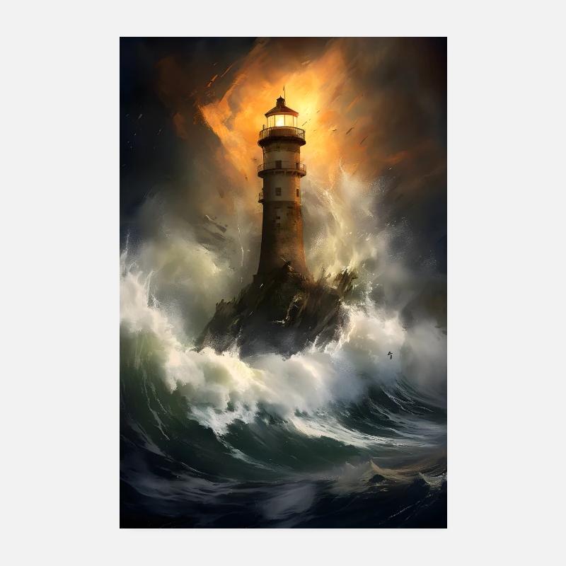 Leuchtturm Sturm Nacht - Poster 20x30 cm - Weiß