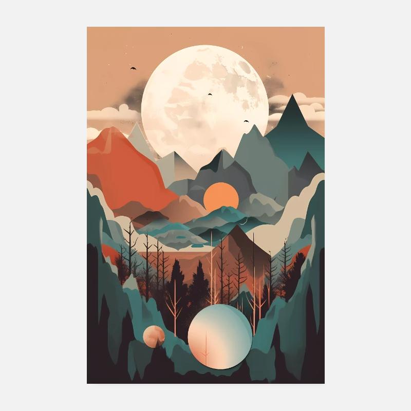 Abstrait Boho Moon et montagnes Poster 20 x 30 cm