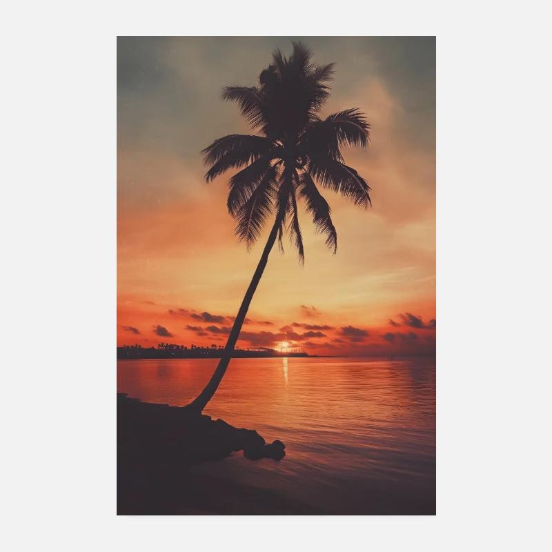 Plage Palmiers Coucher de soleil Poster 20 x 30 cm