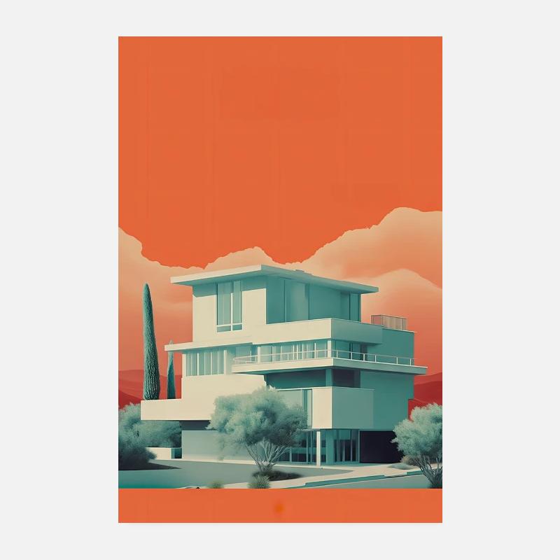 Affiche avec villa sur fond orange Poster 20 x 30 cm