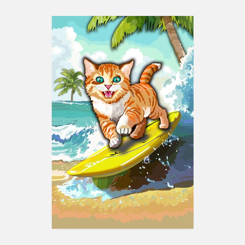 Drôle de chat sur planche de surf - Chat de surf Poster 20 x 30 cm