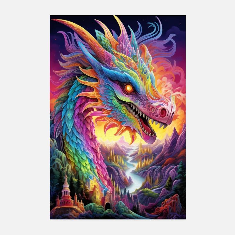 Psychedelic Dragon in a Fantasy World - Poster 20x30 cm - Weiß