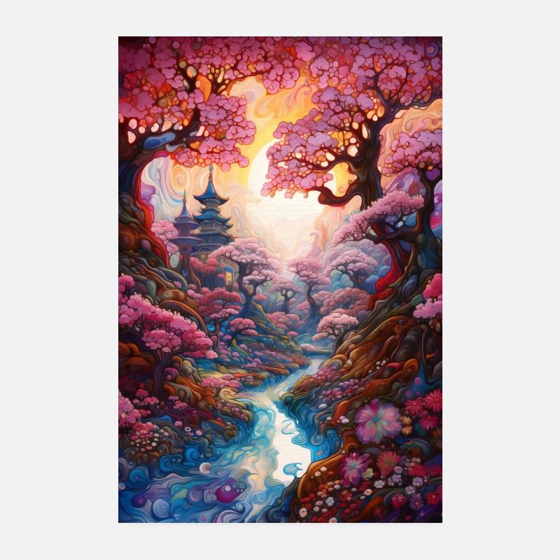 Psychedelische Kirschblütenfantasie Japan Poster 20x30 cm