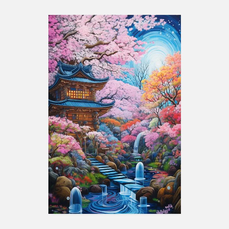 Psychedelische Kirschblütenfantasie Japan Poster 20x30 cm