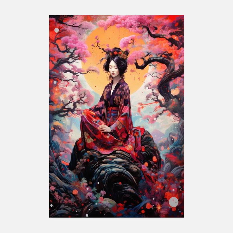 Psychedelische Kirschblüte mit einer Geisha - Poster 20x30 cm - Weiß