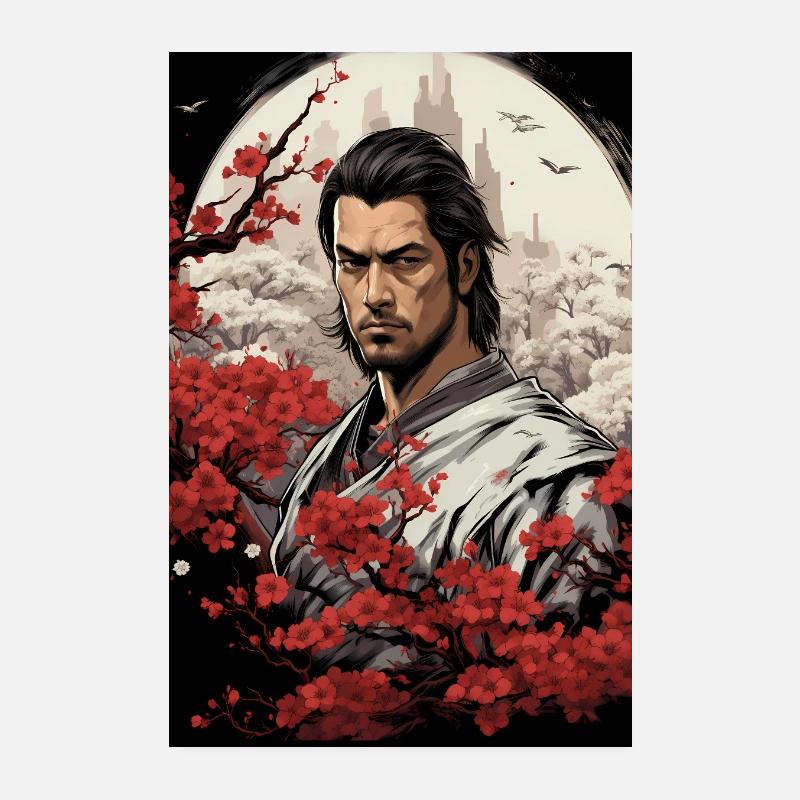 Samurai warrior surrounded by flowers Poster 8" x 12" (20x30 cm)