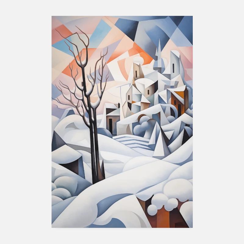 paysage enneigé dans un style géométrique - Poster 20 x 30 cm - blanc