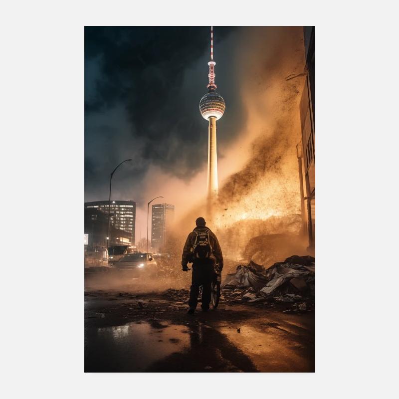Coursier à Apocalypse Berlin devant la tour de télévision - Poster 20 x 30 cm - blanc