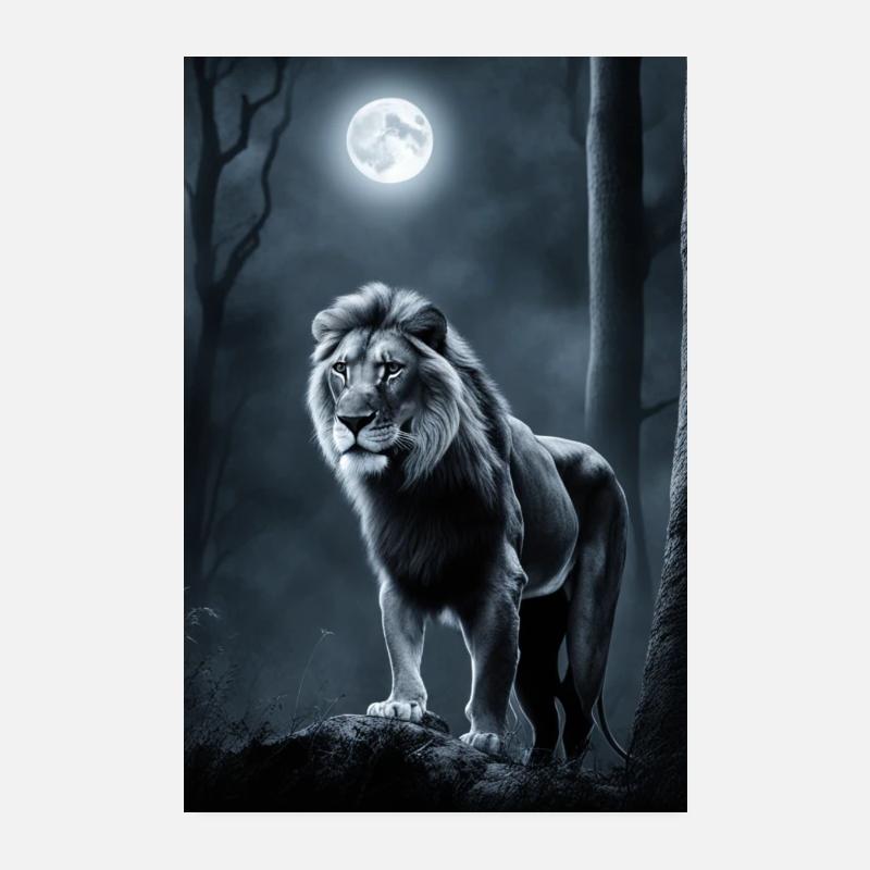 Lion in the Moonlight - King Full Moon Moon Poster Poster 8" x 12" (20x30 cm)