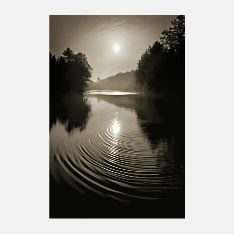 Silent Lake at Full Moon - Black and White Poster Poster 8" x 12" (20x30 cm)
