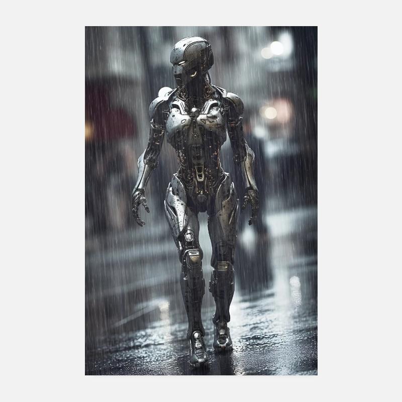 Android im Regen - Stimmungsvolle Sci-Fi-Wandkunst - Poster 20x30 cm - Weiß