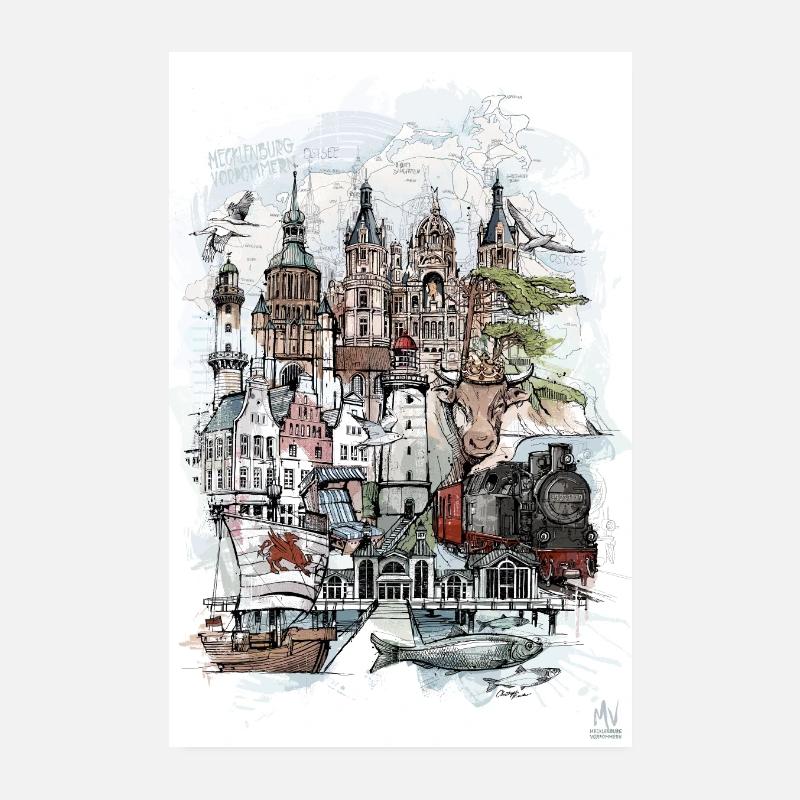 Mecklenburg Vorpommern Collage - Poster 20x30 cm - Weiß
