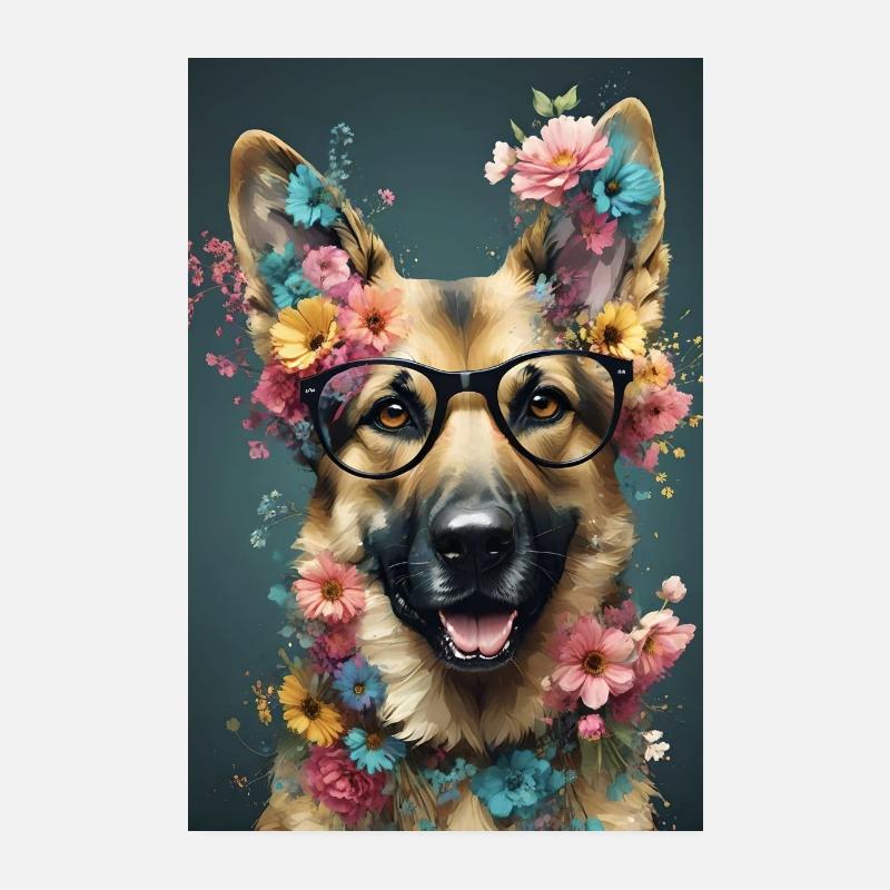 Poster, Deutscher Schäferhund mit Brille und Blumen - Poster 20x30 cm - Weiß