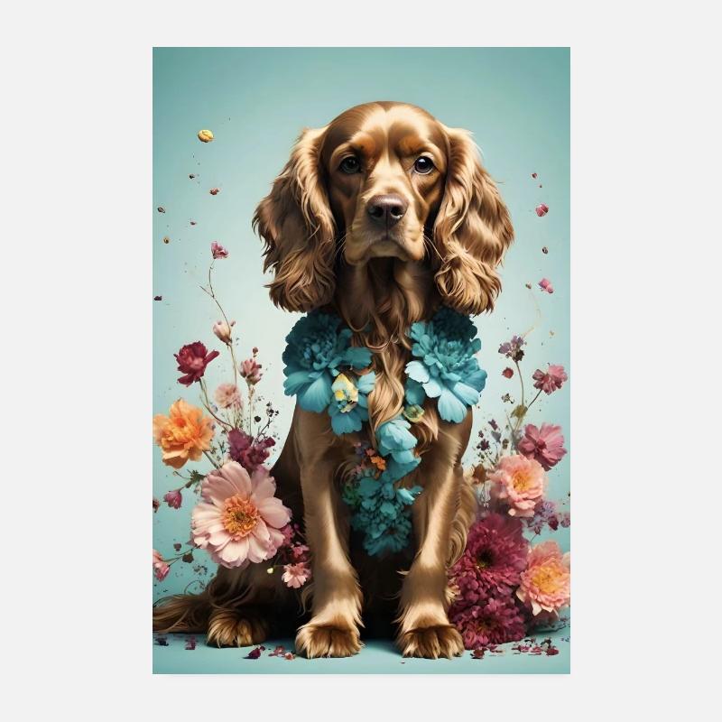 Affiche, Cocker brun avec des fleurs - Poster 20 x 30 cm - blanc