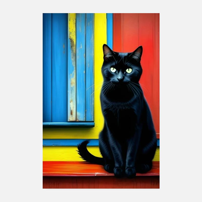 Chat noir devant la fenêtre Poster 20 x 30 cm