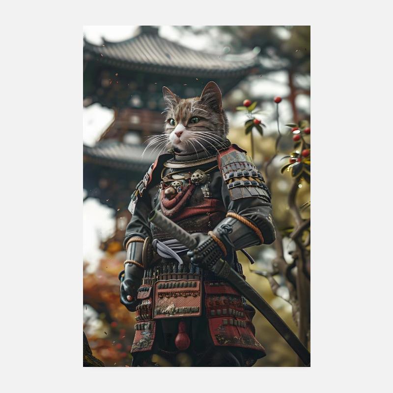 Chat Samouraï Chat Chat Chat Amoureux Des Chats - Poster 20 x 30 cm - blanc