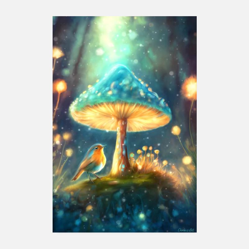 Merle magique sous un champignon Poster 20 x 30 cm