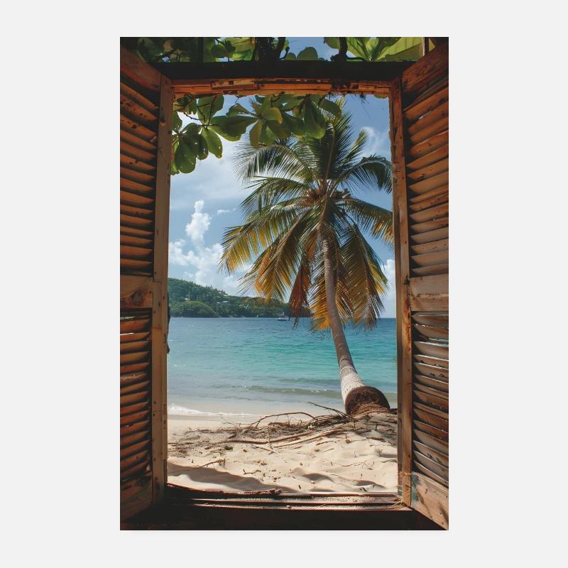 Wooden windows overlooking a beach with palm trees Poster 8" x 12" (20x30 cm)