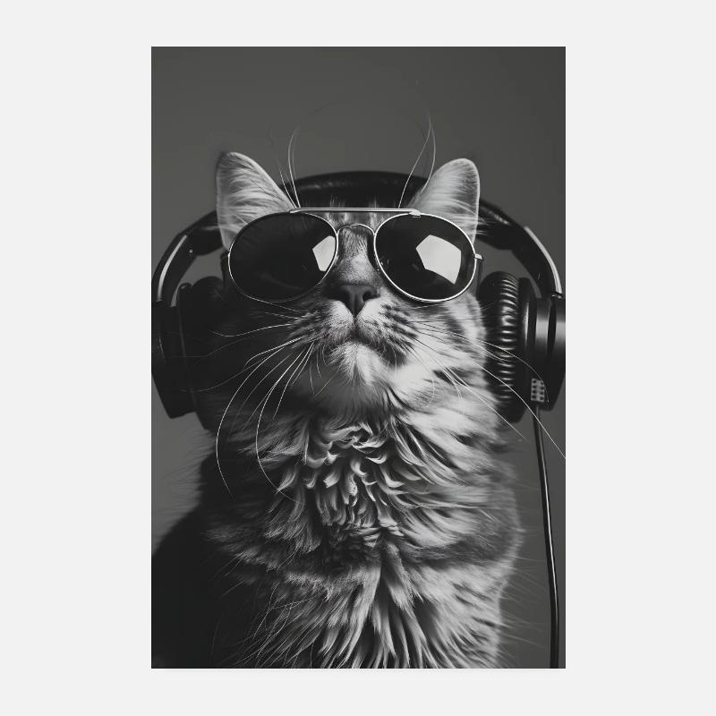 Katze mit Sonnenbrille und Kopfhörer Poster 20x30 cm