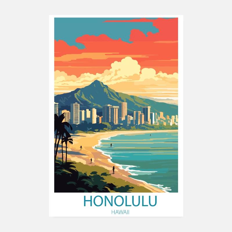 affiche rétro Honolulu Hawaï - Poster 20 x 30 cm - blanc