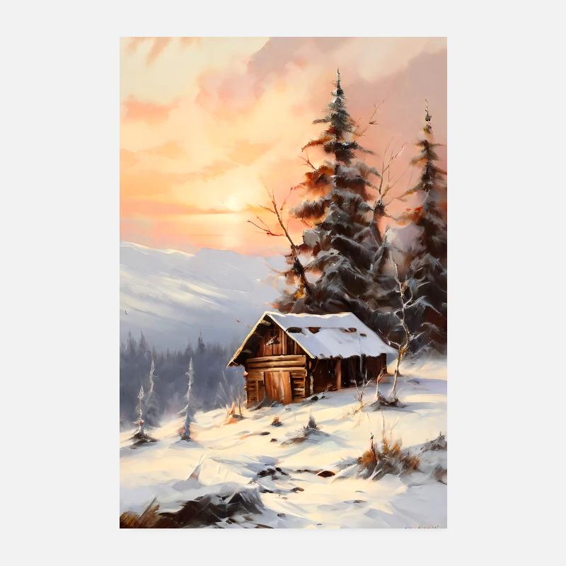Small Cabin Mountain Landscape Poster 8" x 12" (20x30 cm)