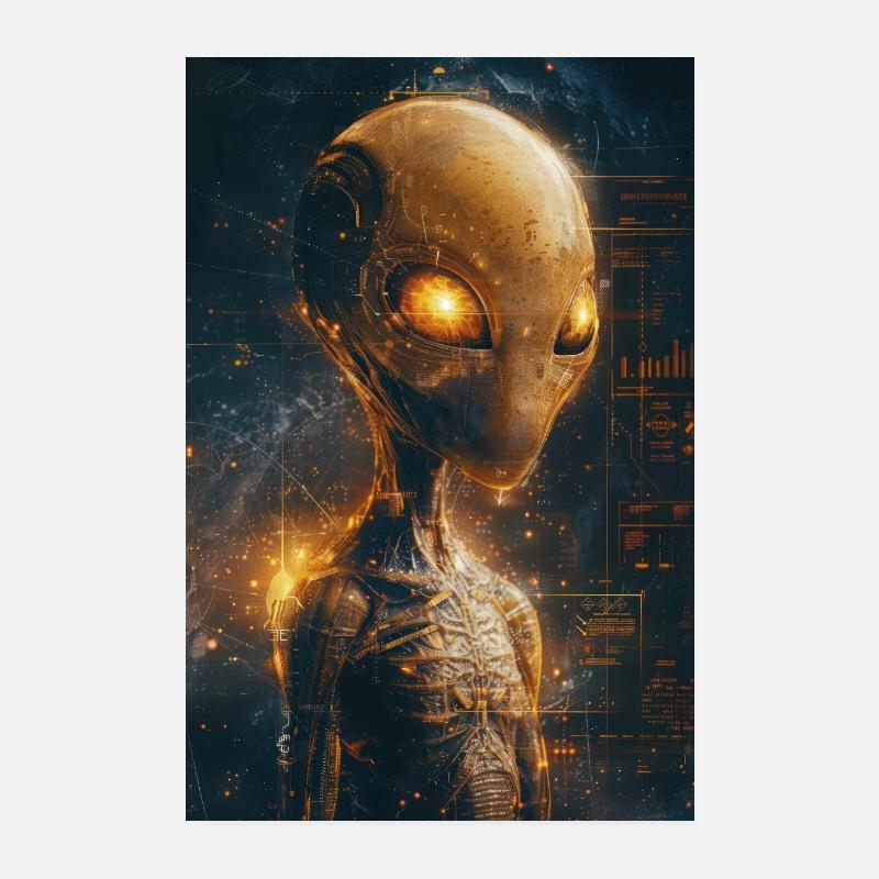 Futuristic Alien with Glowing Eyes in Digital Real Poster 8" x 12" (20x30 cm)