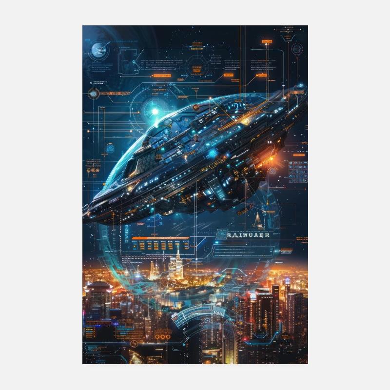 Futuristic Spaceship Over Sci-Fi Cityscape Poster 8" x 12" (20x30 cm)