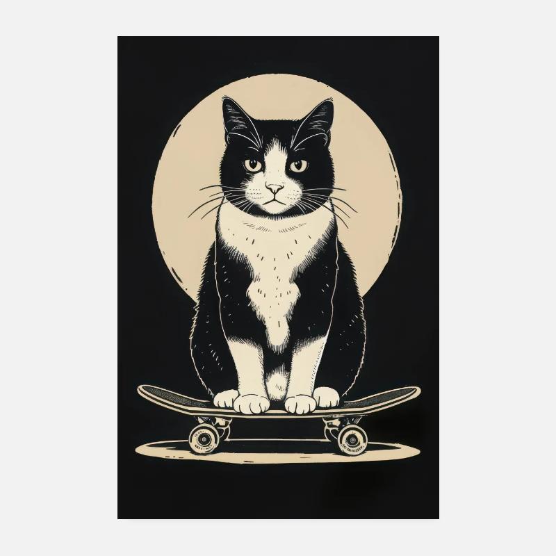 Black Cat on the Skateboard Poster Poster 8" x 12" (20x30 cm)