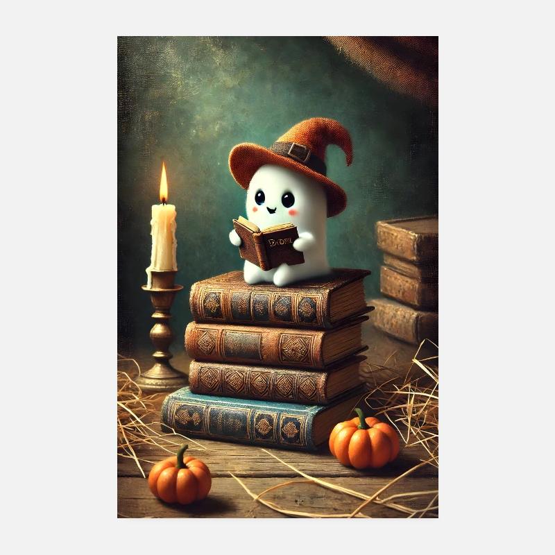 Reading Halloween ghost with a witch hat Poster 8" x 12" (20x30 cm)