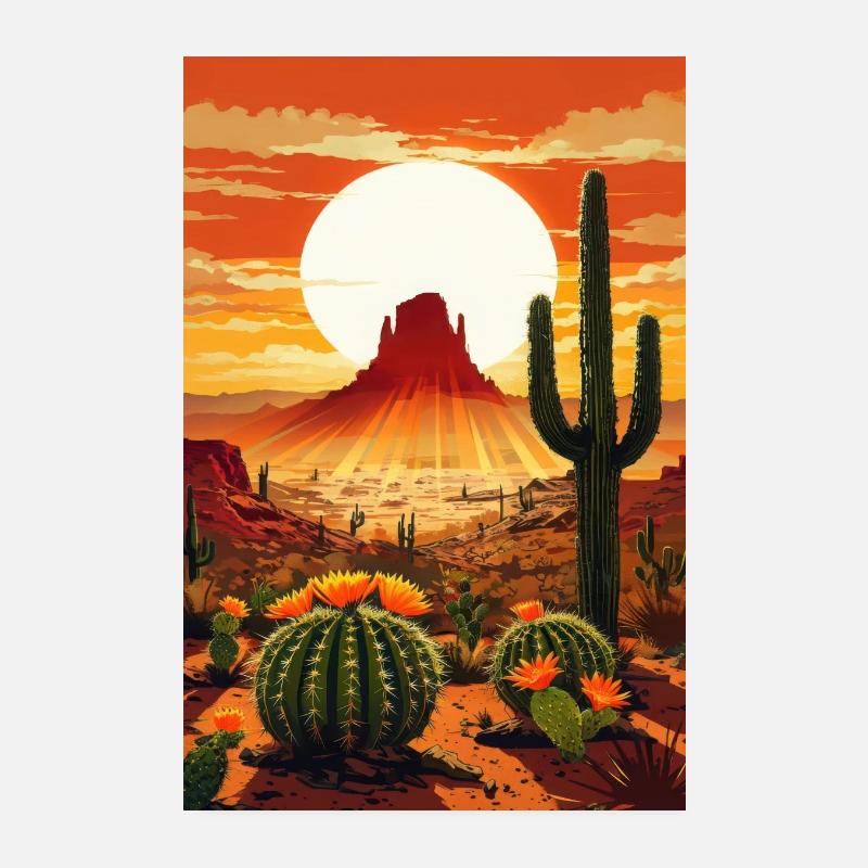Desert Sunset with Cacti and Mountains by Sunset Poster 8" x 12" (20x30 cm)