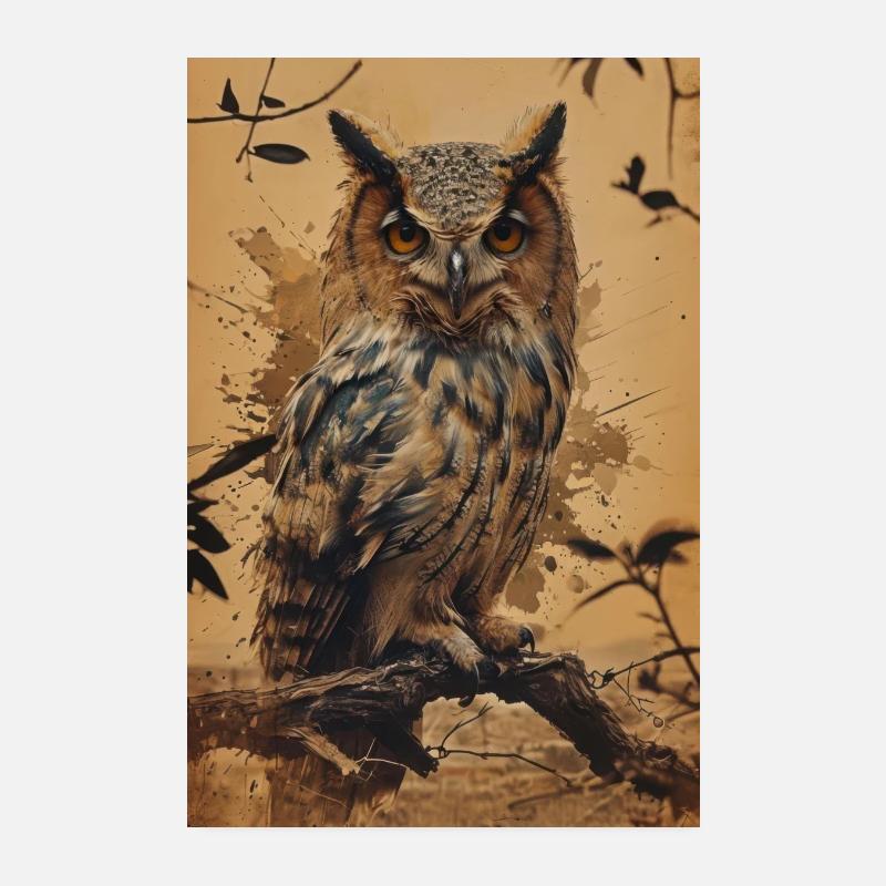 hibou perché sur branche dans le style rustique hibou affiche Poster 20 x 30 cm