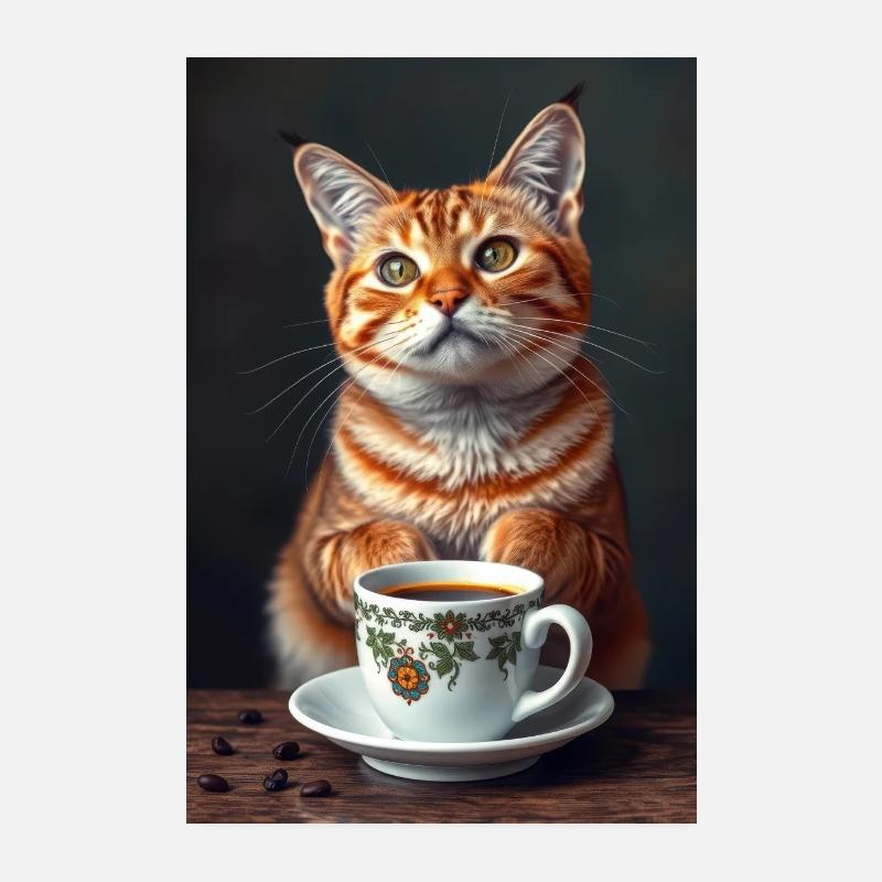 Chat drôle avec tasse de café chat Poster - Poster 20 x 30 cm - blanc