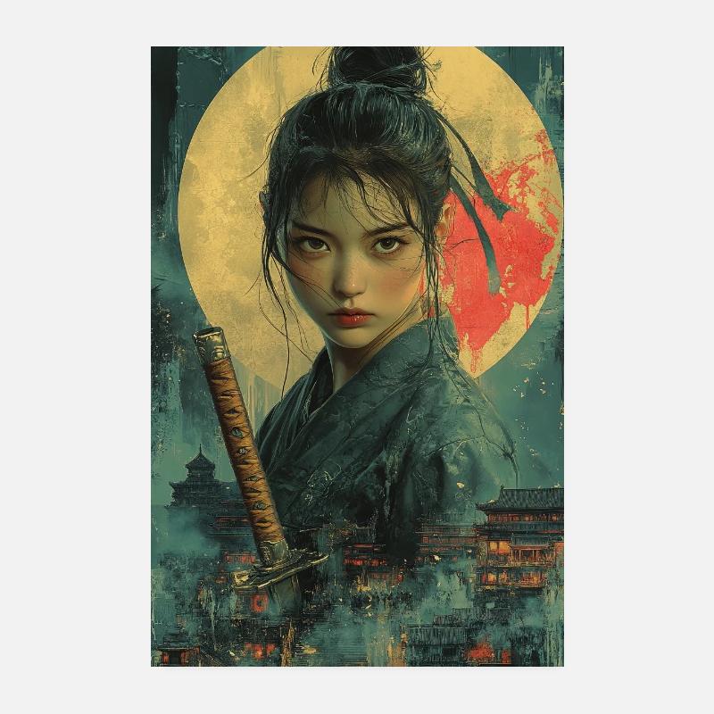 Samouraï au clair de lune dans le style asiatique Poster 20 x 30 cm