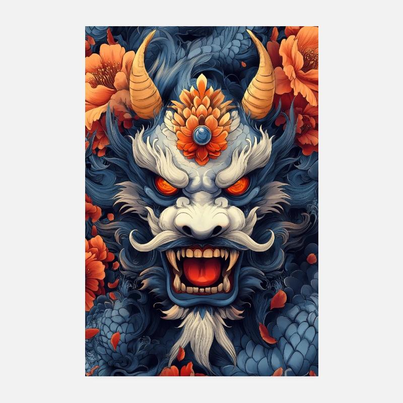 Blauer Drachenkopf mit Feuerblumen Poster 20x30 cm