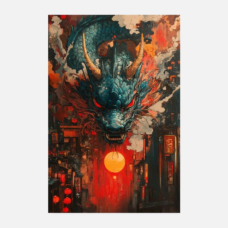 Drachensturm über Neon-Stadt - Poster 20x30 cm - Weiß