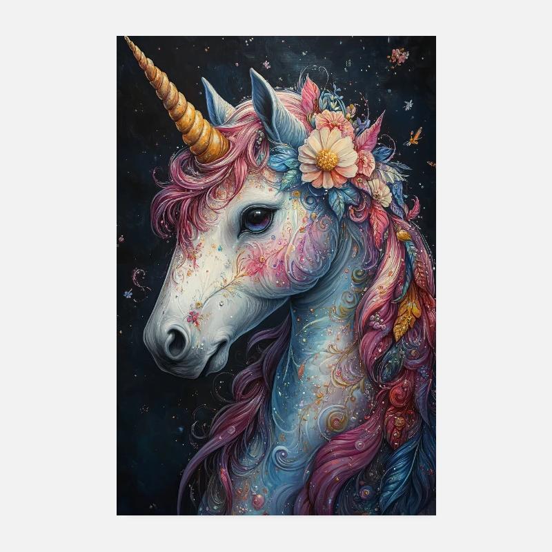 Licorne colorée dans une couronne de fleurs Poster 20 x 30 cm