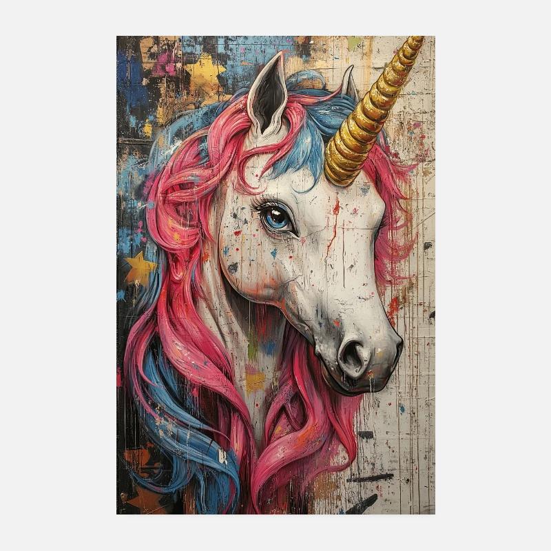 Graffiti Unicorn Couleurs néon - Poster 20 x 30 cm - blanc